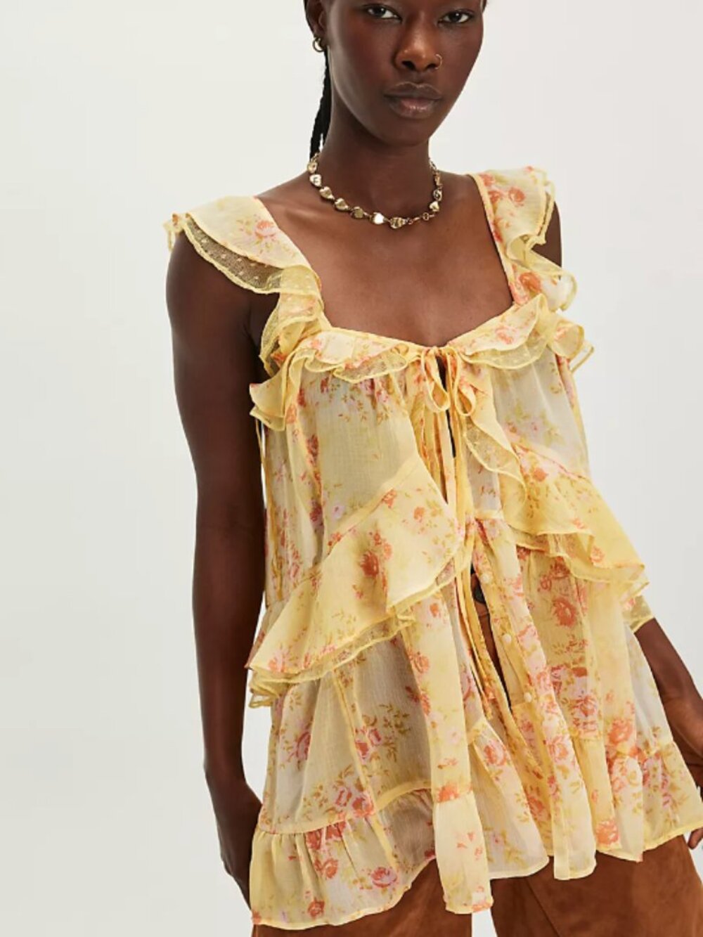 Free People Yellow Floral Ruffle Blouse - Medium